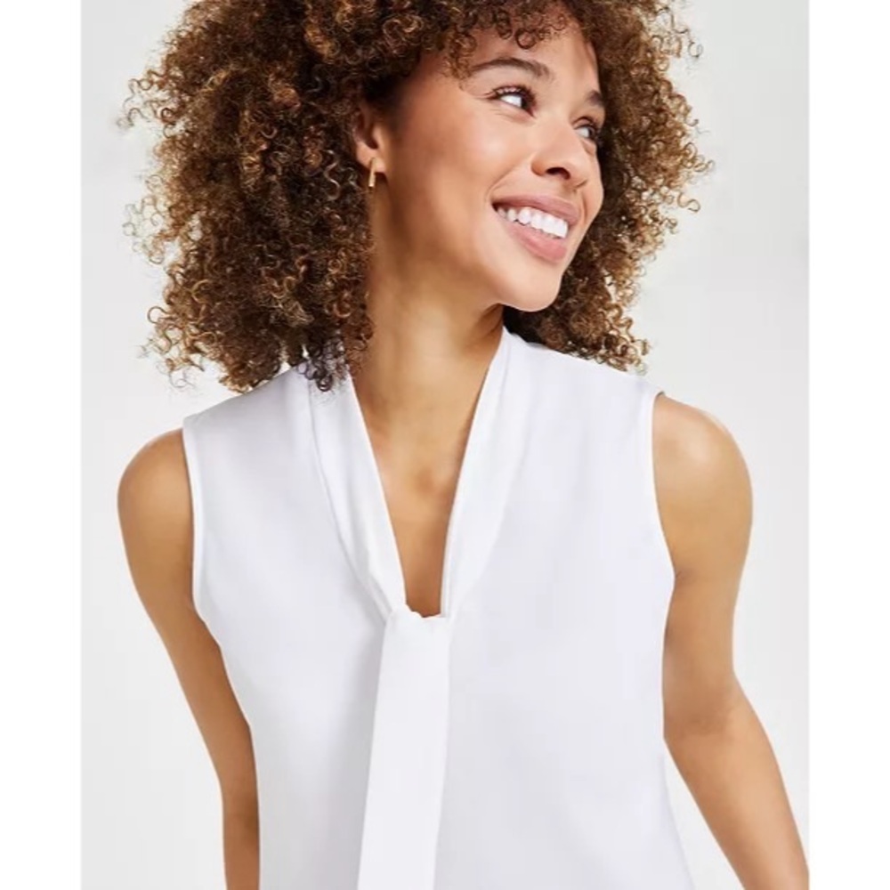 Kasper Women's White Sleeveless Tie-Neck Top Size Medium - Picture 2 of 11